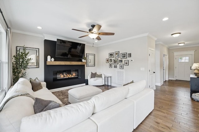 718 Excalibur Ct, Smyrna, TN 37167 - living room featuring ceiling fan, hardwood / wood-style floors, recessed lighting, crown molding, and a fireplace