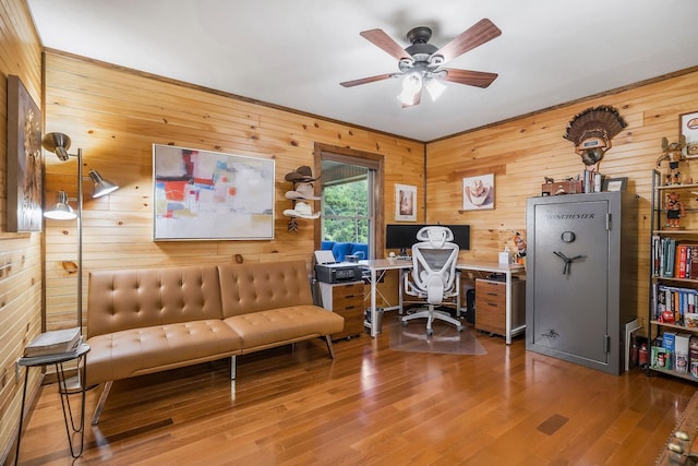 3121 Coon Hunter Lodge Rd, Jamestown, TN 38556 - office area with wooden walls, a ceiling fan, and wood finished floors