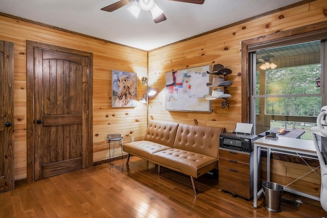 3121 Coon Hunter Lodge Rd, Jamestown, TN 38556 - home office featuring ceiling fan, wood finished floors, and wooden walls