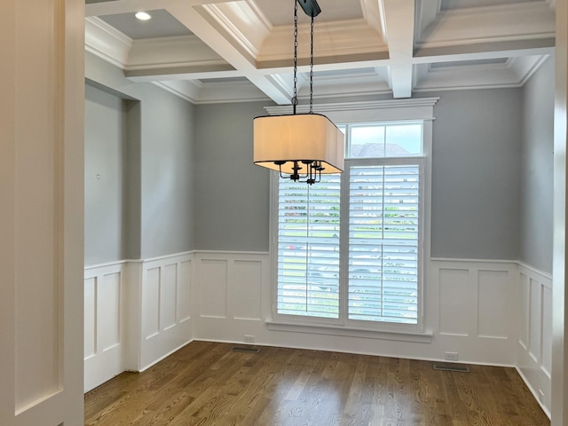 1430 Avellino Cir, Murfreesboro, TN 37130 - unfurnished dining area featuring coffered ceiling, beamed ceiling, crown molding, a decorative wall, and dark wood-style flooring