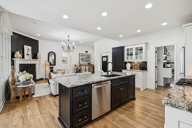 967 Nashs Nook, Columbia, TN 38401 - kitchen featuring stainless steel dishwasher, ornamental molding, light stone counters, a chandelier, and white cabinetry