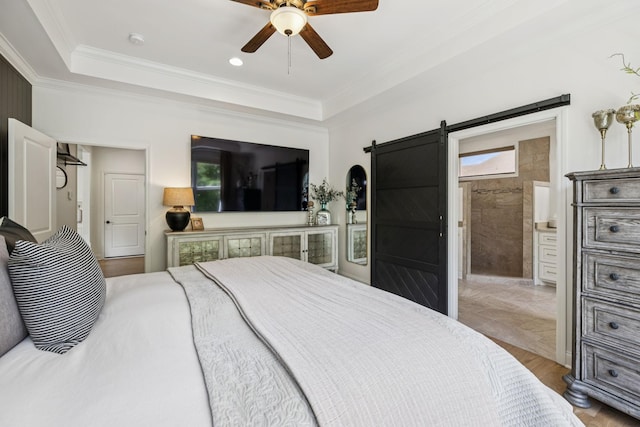 967 Nashs Nook, Columbia, TN 38401 - bedroom featuring a barn door, ornamental molding, a tray ceiling, a ceiling fan, and recessed lighting