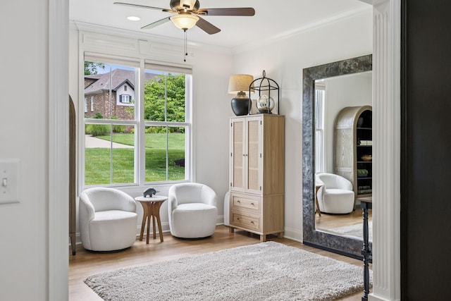 967 Nashs Nook, Columbia, TN 38401 - living area featuring a ceiling fan, wood finished floors, and ornamental molding