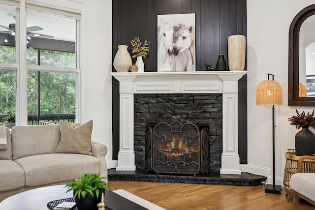 967 Nashs Nook, Columbia, TN 38401 - living area with wood finished floors, a ceiling fan, and a stone fireplace