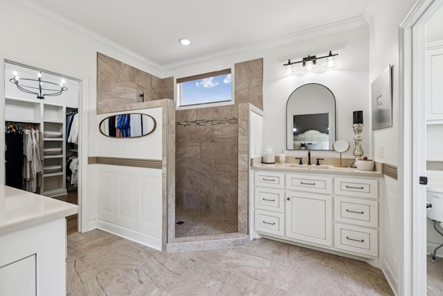 967 Nashs Nook, Columbia, TN 38401 - full bathroom featuring vanity, walk in shower, a chandelier, marble finish flooring, and crown molding