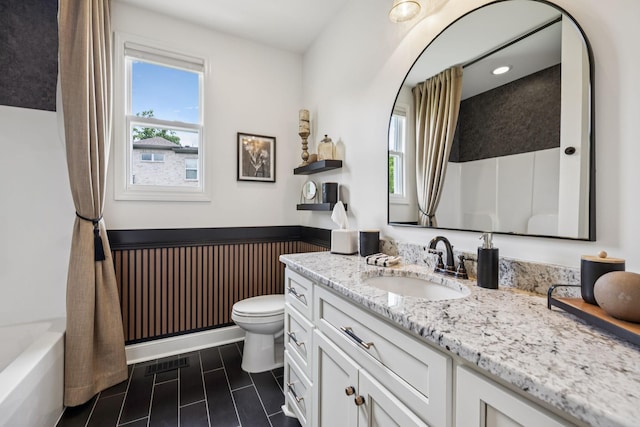 967 Nashs Nook, Columbia, TN 38401 - bathroom with vanity, healthy amount of natural light, a wainscoted wall, tile patterned floors, and shower / tub combo with curtain