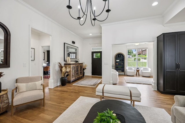 967 Nashs Nook, Columbia, TN 38401 - living area featuring ornamental molding, light wood finished floors, recessed lighting, and a chandelier