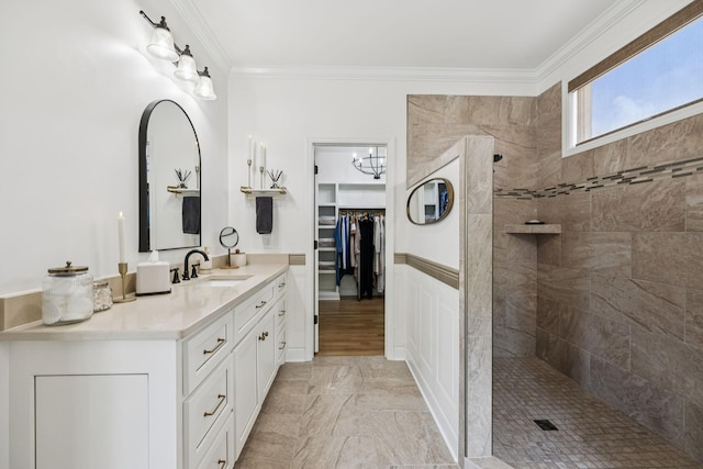 967 Nashs Nook, Columbia, TN 38401 - full bathroom with vanity, a walk in shower, ornamental molding, a spacious closet, and a chandelier