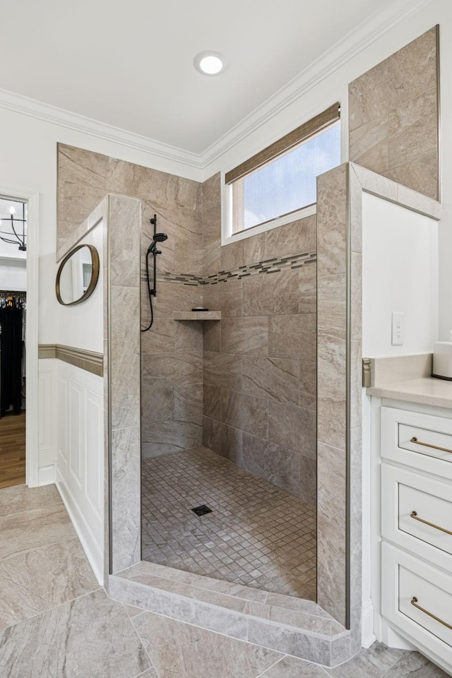 967 Nashs Nook, Columbia, TN 38401 - full bath featuring a tile shower, crown molding, marble finish flooring, and vanity