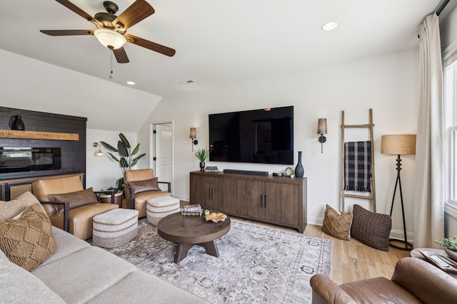 967 Nashs Nook, Columbia, TN 38401 - living room featuring wood finished floors, a ceiling fan, recessed lighting, and vaulted ceiling