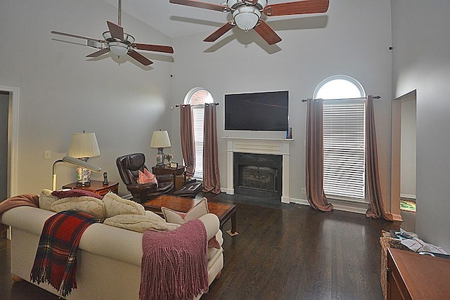 502 Johnstown Dr, Smyrna, TN 37167 - living area featuring high vaulted ceiling, wood finished floors, a fireplace with flush hearth, and ceiling fan