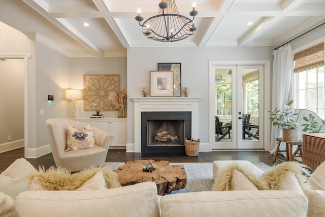 1014B Noelton Ave, Nashville, TN 37204 - living area featuring coffered ceiling, a chandelier, dark wood-style flooring, beamed ceiling, and french doors