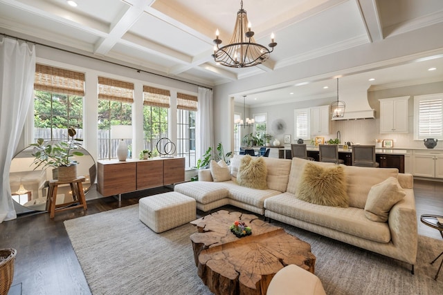 1014B Noelton Ave, Nashville, TN 37204 - living area with a chandelier, healthy amount of natural light, coffered ceiling, recessed lighting, and dark wood-style floors