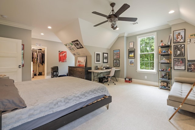 1014B Noelton Ave, Nashville, TN 37204 - carpeted bedroom with recessed lighting, ornamental molding, a walk in closet, ceiling fan, and vaulted ceiling