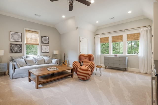 1014B Noelton Ave, Nashville, TN 37204 - living room with light colored carpet, plenty of natural light, crown molding, lofted ceiling, and ceiling fan