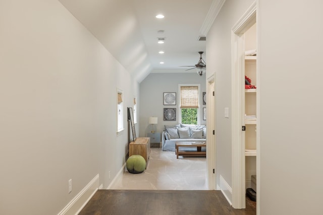 1014B Noelton Ave, Nashville, TN 37204 - hallway featuring recessed lighting, ornamental molding, vaulted ceiling, and wood finished floors