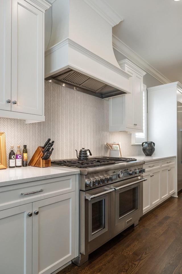 1014B Noelton Ave, Nashville, TN 37204 - kitchen featuring double oven range, premium range hood, backsplash, white cabinetry, and light countertops