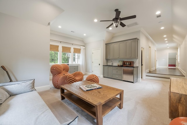 1014B Noelton Ave, Nashville, TN 37204 - living area featuring ornamental molding, recessed lighting, light colored carpet, a ceiling fan, and bar area