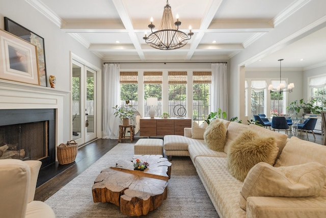 1014B Noelton Ave, Nashville, TN 37204 - living room with a chandelier, beamed ceiling, dark wood-type flooring, recessed lighting, and coffered ceiling