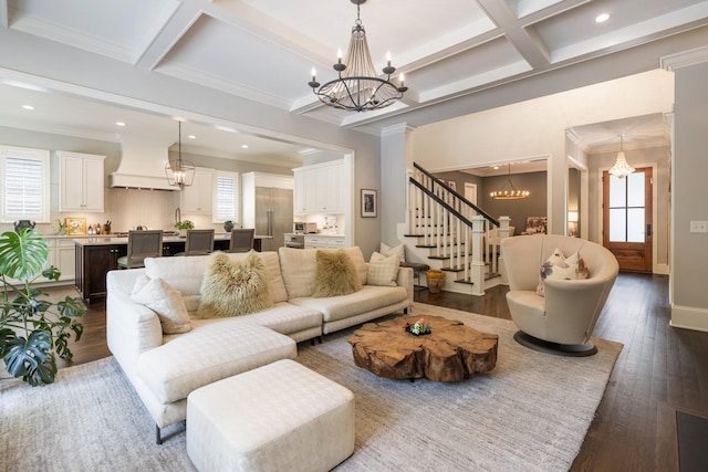 1014B Noelton Ave, Nashville, TN 37204 - living room with a chandelier, plenty of natural light, stairway, dark wood finished floors, and coffered ceiling