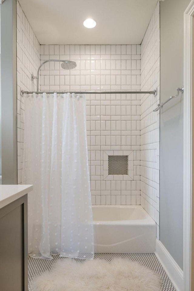 1014B Noelton Ave, Nashville, TN 37204 - full bathroom featuring shower / bath combo with shower curtain, tile patterned flooring, vanity, and recessed lighting