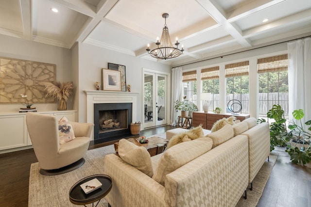 1014B Noelton Ave, Nashville, TN 37204 - living area with coffered ceiling, dark wood-type flooring, beam ceiling, recessed lighting, and a chandelier