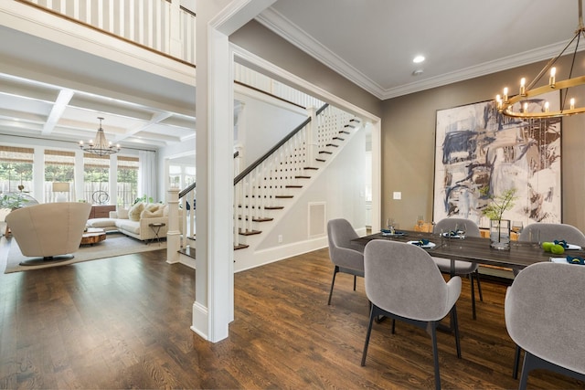 1014B Noelton Ave, Nashville, TN 37204 - dining room with a chandelier, stairway, coffered ceiling, crown molding, and dark wood-type flooring