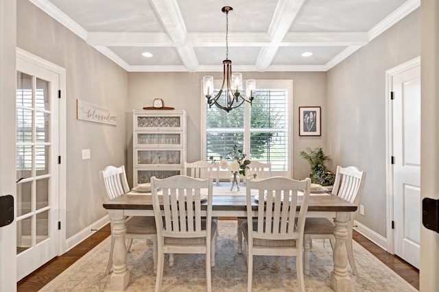 2003 Imagine Cir, Spring Hill, TN 37174 - dining room with healthy amount of natural light, a chandelier, dark wood-style floors, beam ceiling, and coffered ceiling