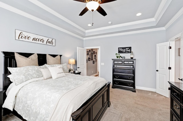2003 Imagine Cir, Spring Hill, TN 37174 - bedroom featuring a raised ceiling, light colored carpet, ornamental molding, a ceiling fan, and recessed lighting