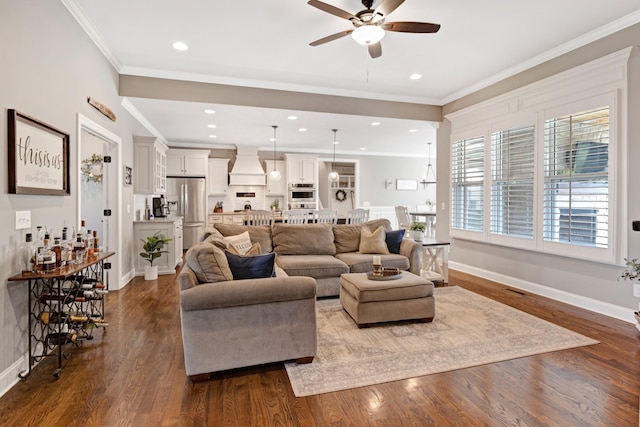 2003 Imagine Cir, Spring Hill, TN 37174 - living area featuring a ceiling fan, crown molding, dark wood-type flooring, and recessed lighting
