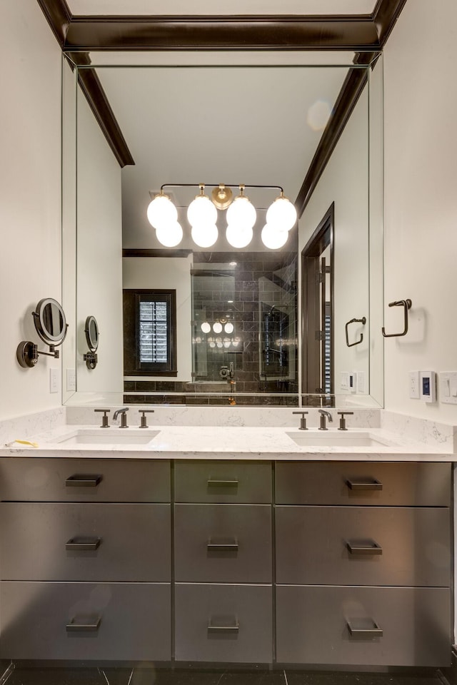 325 Fairpark Ct, Franklin, TN 37064 - bathroom with double vanity, a shower stall, and crown molding