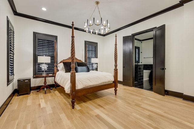 325 Fairpark Ct, Franklin, TN 37064 - bedroom featuring ornamental molding, light wood-style floors, a chandelier, recessed lighting, and ensuite bath