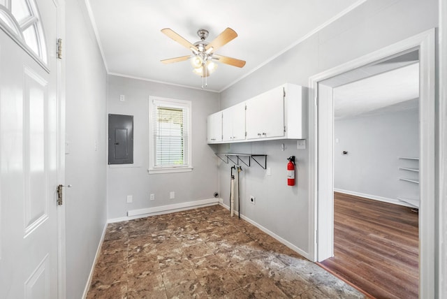 3509 Lafayette Rd, Hopkinsville, KY 42240 - laundry area with electric panel, cabinet space, hookup for an electric dryer, crown molding, and ceiling fan