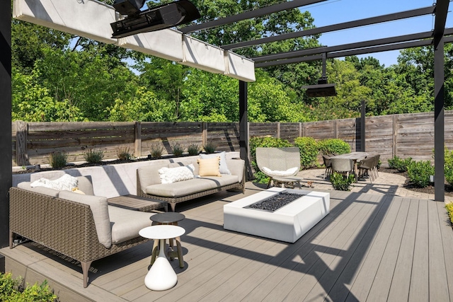 1514 Tyne Blvd, Nashville, TN 37215 - wooden deck featuring an outdoor living space with a fire pit, outdoor dining area, a fenced backyard, and a pergola