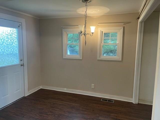 764 Center St, Lewisburg, TN 37091 - unfurnished dining area with dark wood-style floors, ornamental molding, and a chandelier