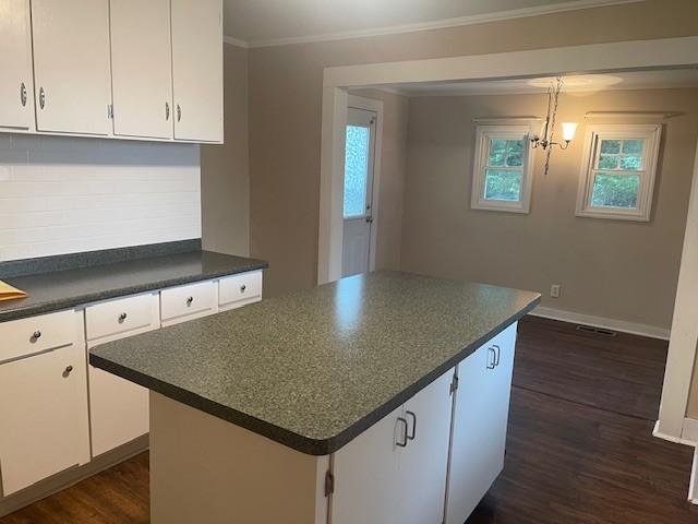 764 Center St, Lewisburg, TN 37091 - kitchen with dark countertops, dark wood-type flooring, white cabinets, plenty of natural light, and ornamental molding