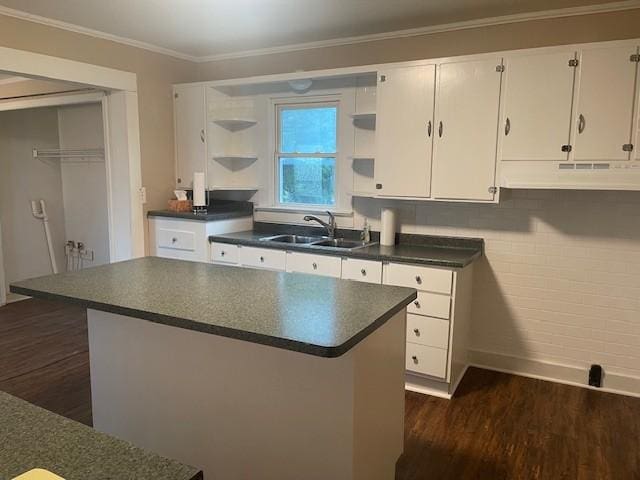 764 Center St, Lewisburg, TN 37091 - kitchen featuring open shelves, dark wood-style floors, dark countertops, under cabinet range hood, and white cabinets