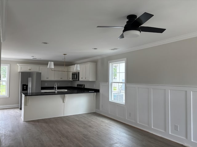 696 Castle Heights Ave, Lebanon, TN 37087 - kitchen featuring stainless steel appliances, dark countertops, crown molding, healthy amount of natural light, and a wainscoted wall