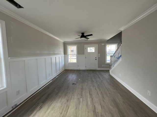 696 Castle Heights Ave, Lebanon, TN 37087 - foyer featuring a ceiling fan, crown molding, dark wood-type flooring, stairs, and wainscoting