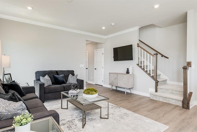 4000 Gaskill Dr Unit 122A, Smyrna, TN 37167 - living room featuring stairs, wood finished floors, ornamental molding, and recessed lighting