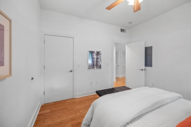 201 S 11th St, Nashville, TN 37206 - bedroom featuring electric panel, light wood-style flooring, and ceiling fan