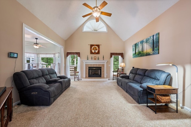 191 Spicer Rd, Burns, TN 37029 - living area featuring ceiling fan, carpet, high vaulted ceiling, and a fireplace