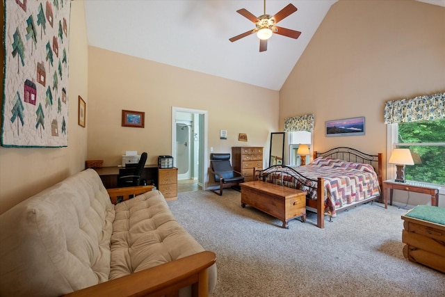 191 Spicer Rd, Burns, TN 37029 - bedroom featuring high vaulted ceiling, an office area, carpet, and a ceiling fan