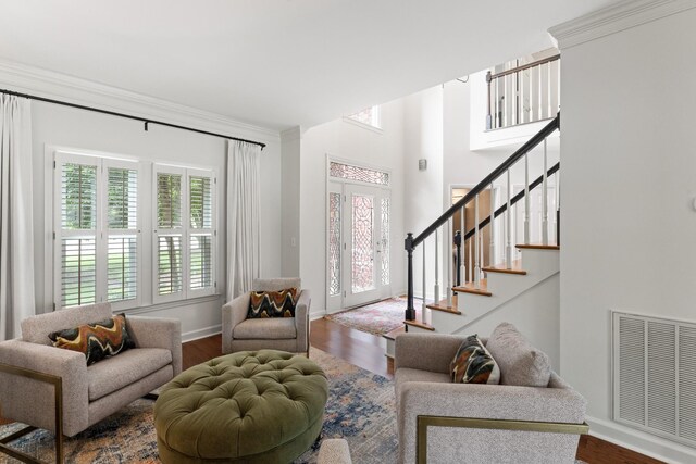 4016 Brandywine Pointe Blvd, Old Hickory, TN 37138 - living area featuring stairs, ornamental molding, and dark wood-type flooring