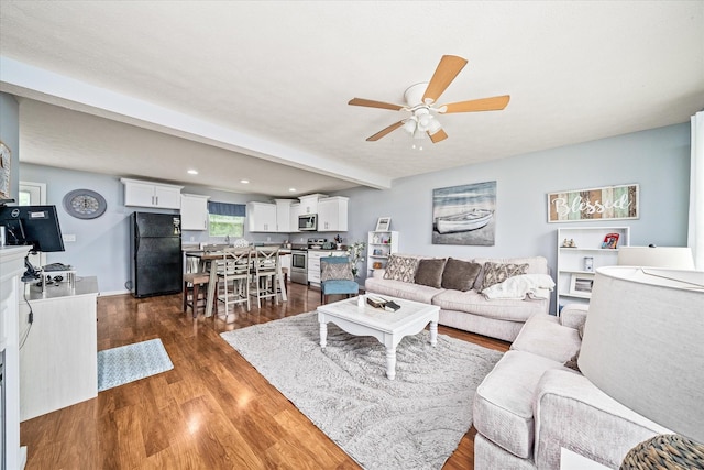 258 Green Meadow Dr, Smithville, TN 37166 - living room featuring ceiling fan, dark wood-type flooring, recessed lighting, and beam ceiling
