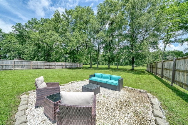 258 Green Meadow Dr, Smithville, TN 37166 - fenced backyard featuring an outdoor living space, a patio, and view of wooded area