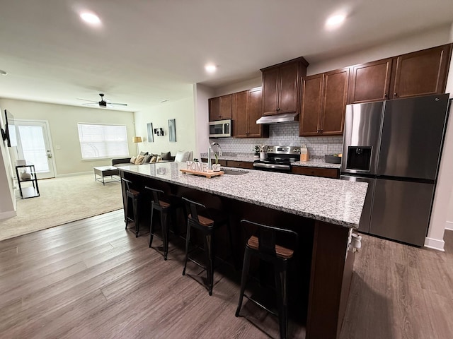 101 Percheron Pl, Smyrna, TN 37167 - kitchen featuring stainless steel appliances, under cabinet range hood, a breakfast bar, light stone counters, and recessed lighting