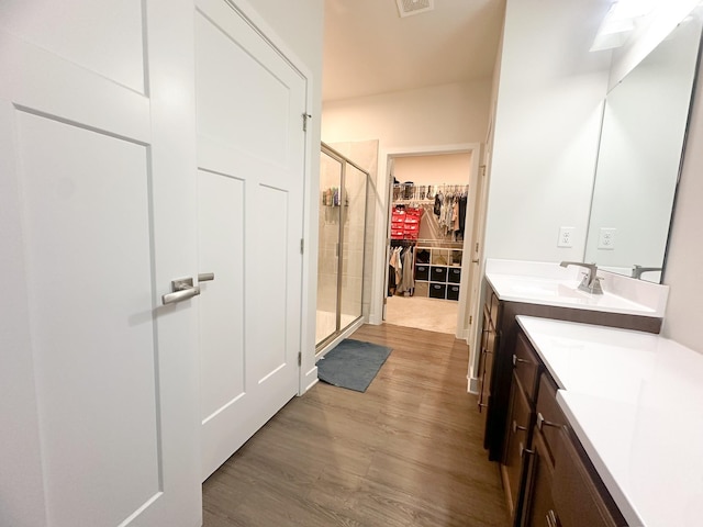 101 Percheron Pl, Smyrna, TN 37167 - bathroom with a stall shower, wood finished floors, vanity, and a walk in closet