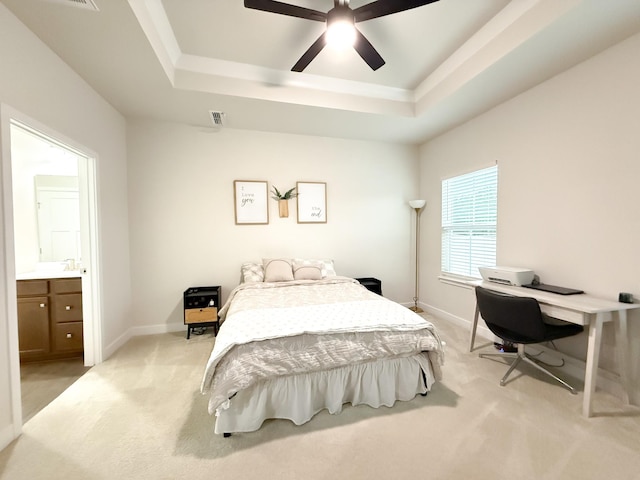 101 Percheron Pl, Smyrna, TN 37167 - bedroom featuring light carpet, a tray ceiling, a desk, and ceiling fan