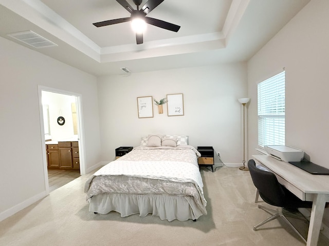 101 Percheron Pl, Smyrna, TN 37167 - bedroom featuring a raised ceiling, light carpet, ensuite bathroom, a ceiling fan, and an office area